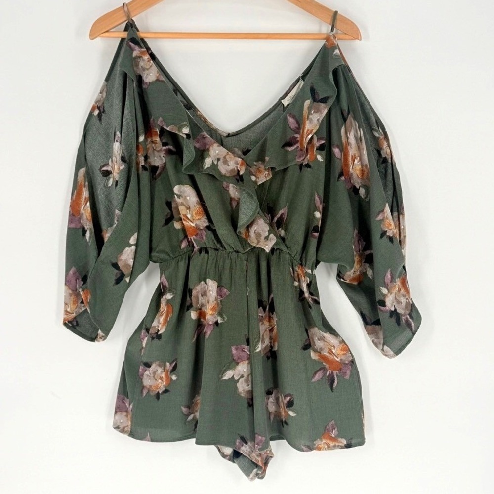 Romantic Olive Green Floral Cold Shoulder Ruffle V-Neck Romper‎ Cottage Earthy S